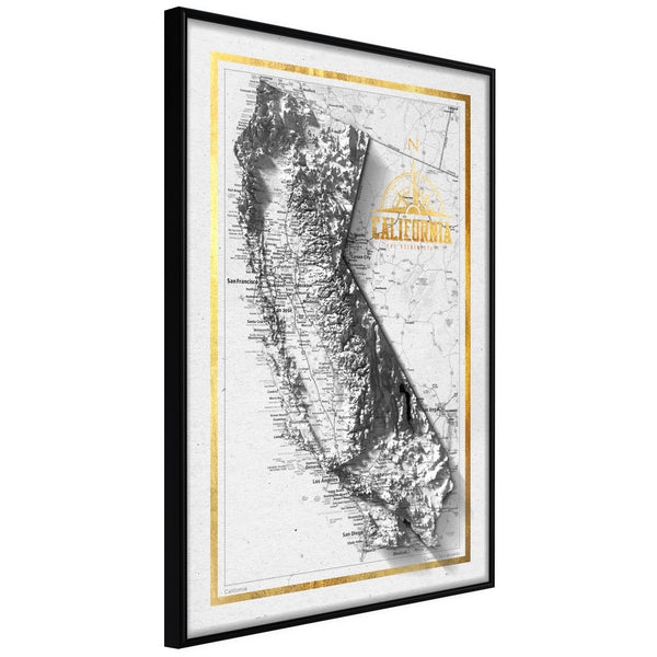 Poster - Raised Relief Map: California  - zwart