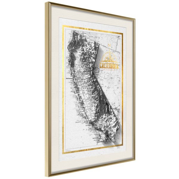 Poster - Raised Relief Map: California  - goud passepartout