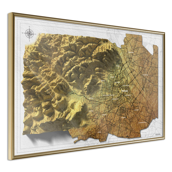 Poster - Raised Relief Map: Vienna  - goud