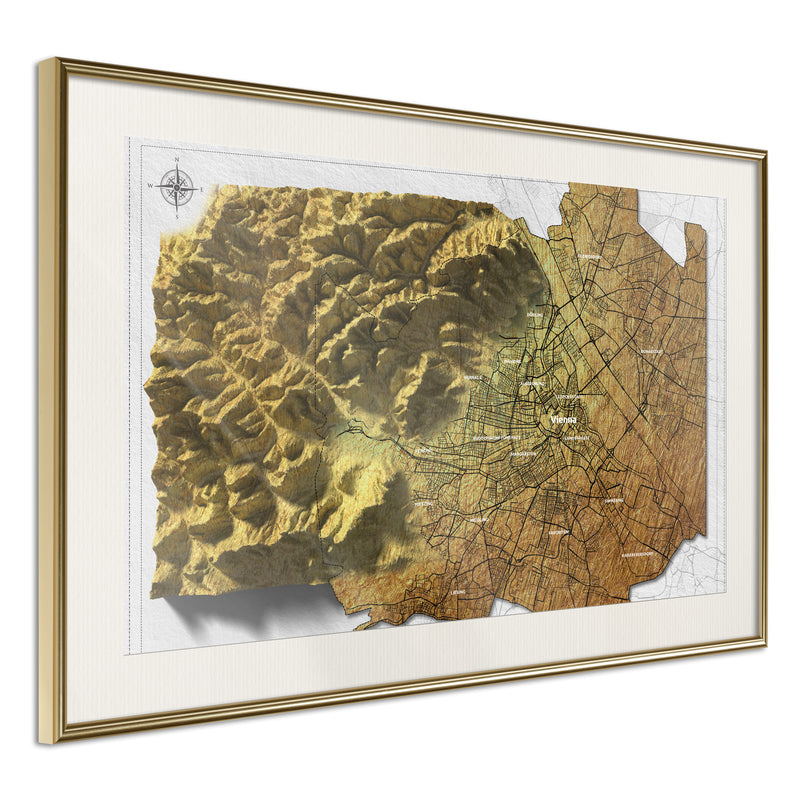 Poster - Raised Relief Map: Vienna  - goud passepartout
