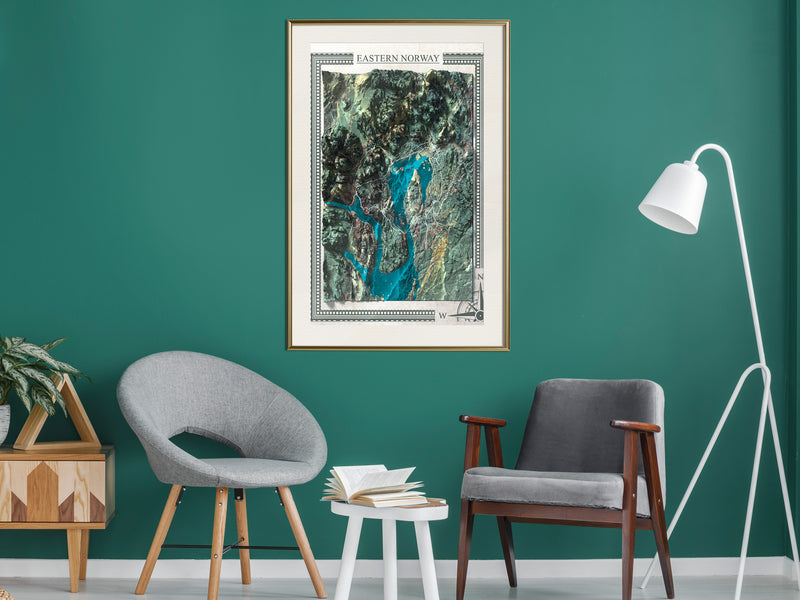 Poster - Raised Relief Map: Eastern Norway  - goud passepartout