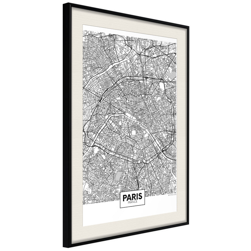 Poster - City Map: Paris  - zwart passepartout