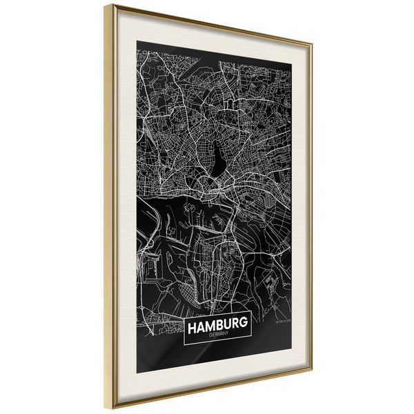 Poster - City Map: Hamburg (Dark)  - goud passepartout