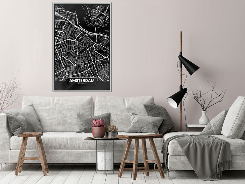 Poster - City Map: Amsterdam (Dark)  - wit