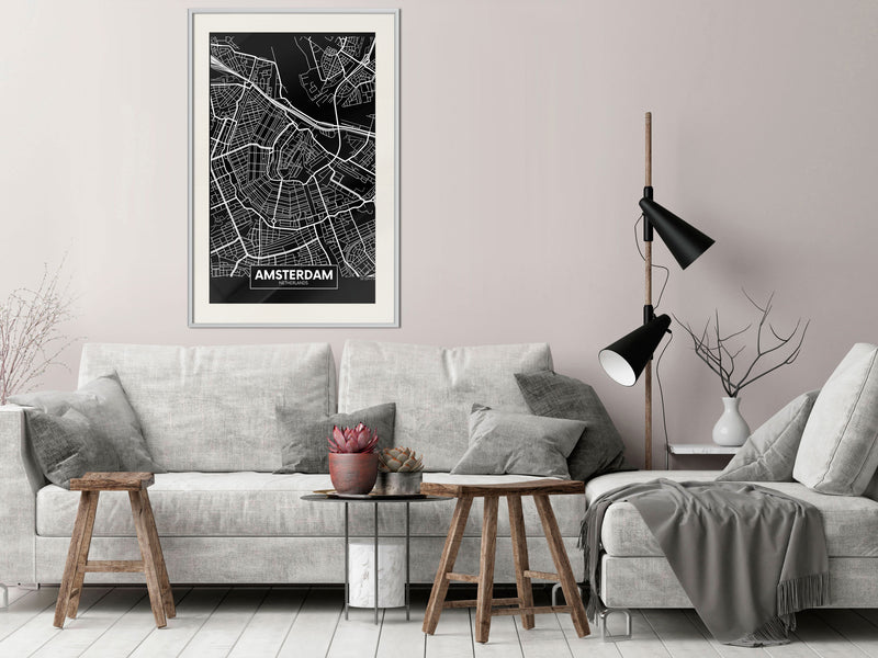 Poster - City Map: Amsterdam (Dark)  - wit passepartout